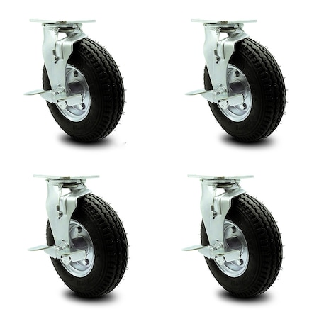 Service Caster 8 Inch Black Pneumatic Wheel Caster Swivel with Brakes 2 with Swivel Locks, 4PK SCC-100S280-PNB-TLB-BSL-2-TLB-2